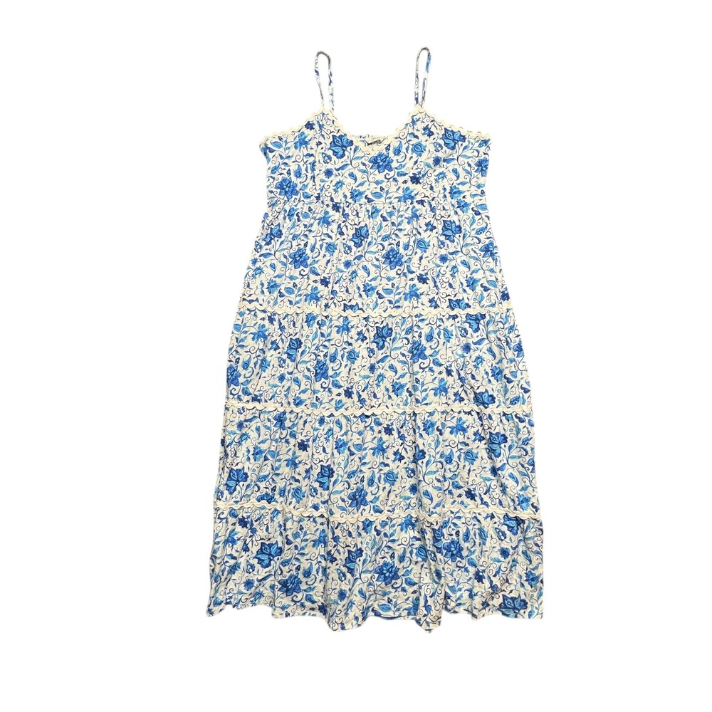 Destination 365 Tiered Floral Maxi Dress 1X Petite Lace Trim Blue Sleeveless